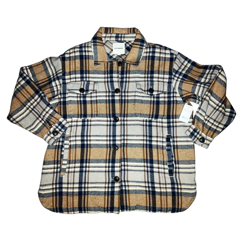 NWT Lucky Brand Plaid Shirt Jacket Shacket Tan Navy Blue Mens Large 7WD3349